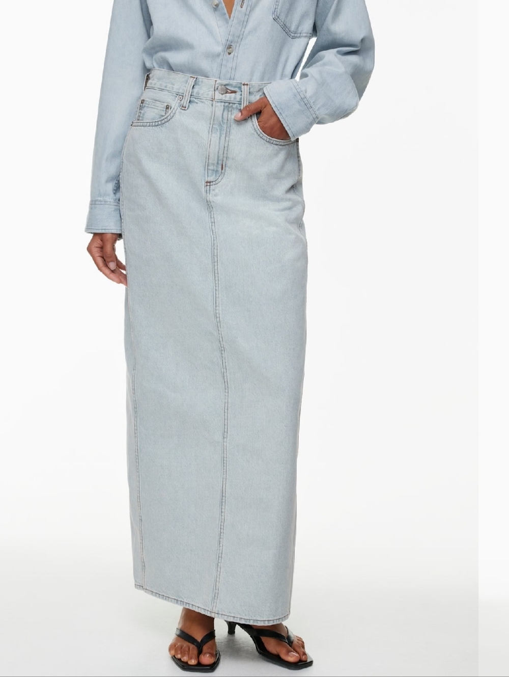 Denim Forum The '90s Pencil Maxi Denim Skirt High Rise BLeach Bleu Size 28 - Picture 7 of 15